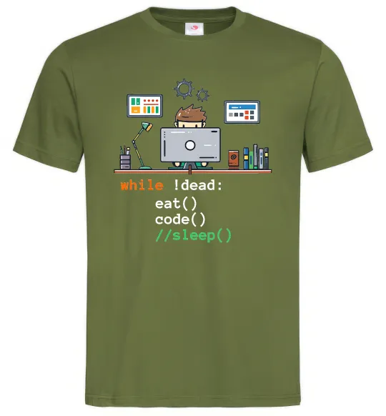 Мужская футболка While !dead eat code Оливковый фото