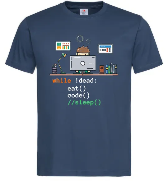 Мужская футболка While !dead eat code Темно-синий фото