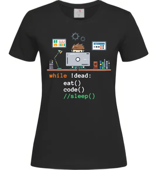 Женская футболка While !dead eat code Черный фото
