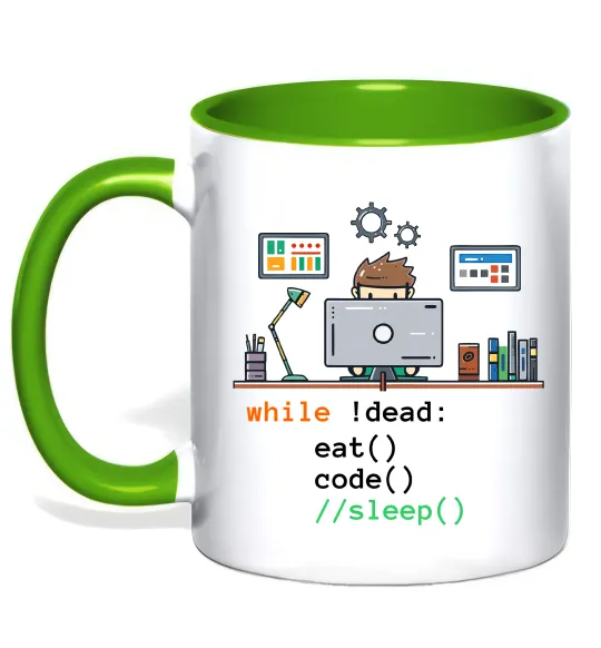 Чашка с цветной ручкой While !dead eat code Лаймовый фото