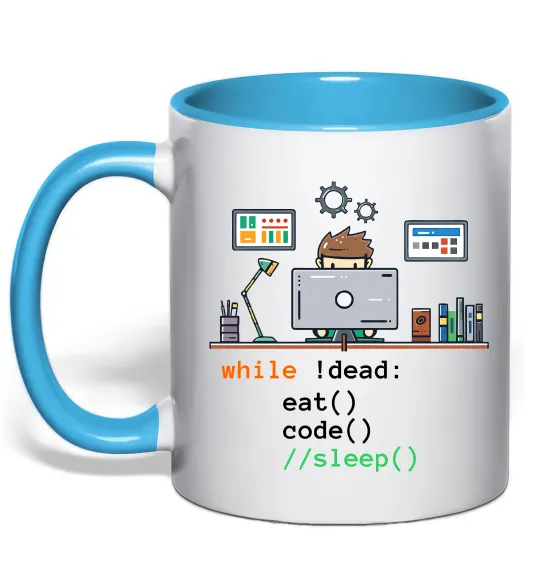 Чашка с цветной ручкой While !dead eat code Голубой фото