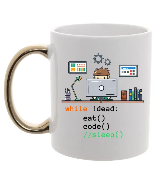 Чашка с цветной ручкой While !dead eat code Золото фото