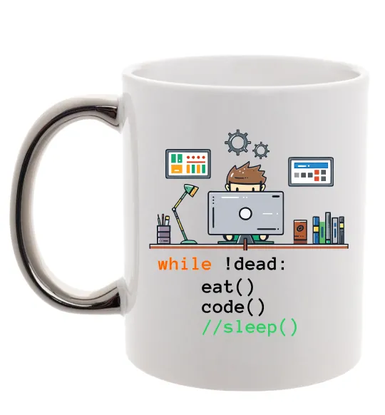 Чашка с цветной ручкой While !dead eat code Серебро фото