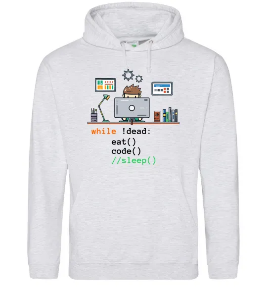 Мужская толстовка (худи) While !dead eat code Серый меланж фото