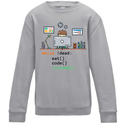 Детский Свитшот While !dead eat code Серый меланж фото
