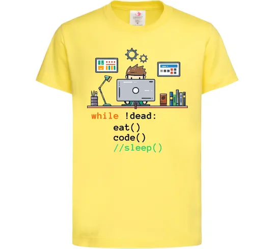Детская футболка While !dead eat code Лимонный фото