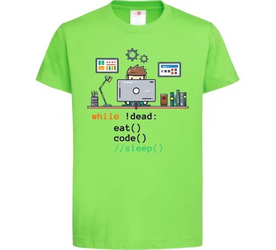 Детская футболка While !dead eat code Лаймовый фото