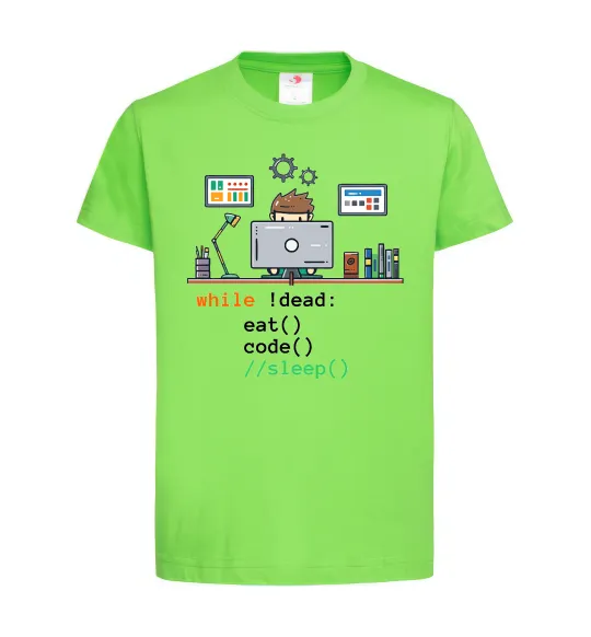 Дитяча футболка While !dead eat code Лаймовий фото