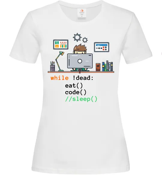 Женская футболка While !dead eat code Белый фото