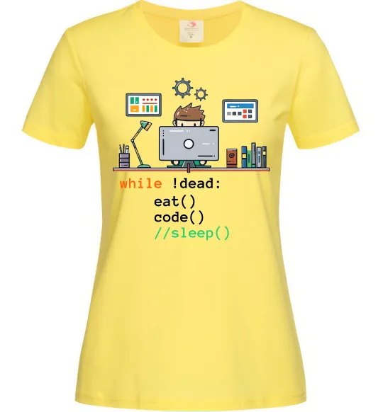 Женская футболка While !dead eat code Лимонный фото