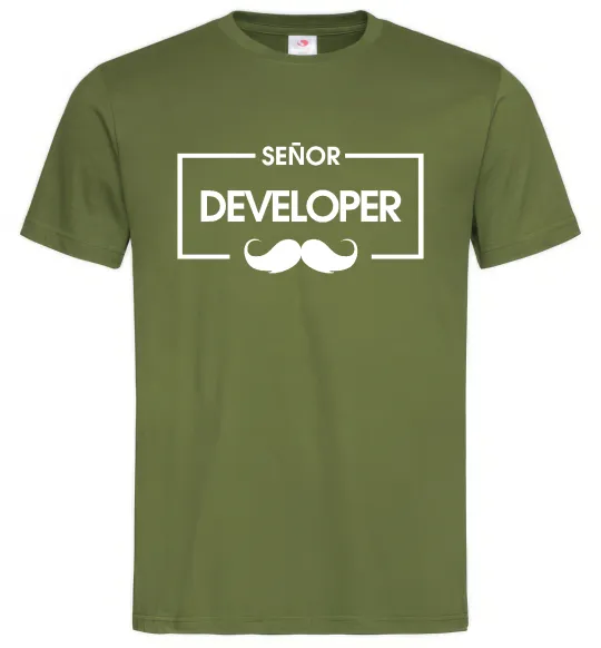 Мужская футболка Senior developer Оливковый фото
