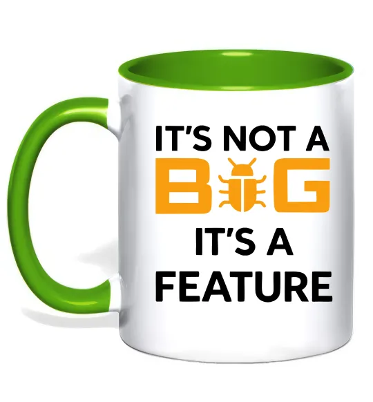 Чашка з кольоровою ручкою It`s not a bug it`s feature Лаймовий фото