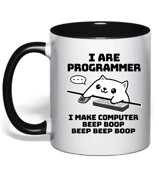 Чашка з кольоровою ручкою I make computer beep boop boop Чорний фото