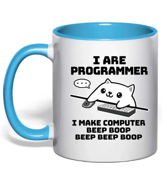 Чашка з кольоровою ручкою I make computer beep boop boop Блакитний фото