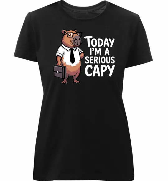 Женская премиум футболка Today I`m a serious Capy Черный фото