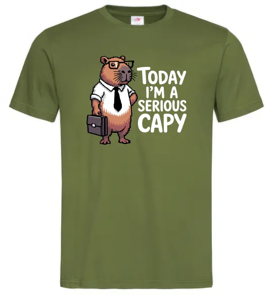 Мужская футболка Today I`m a serious Capy Оливковый фото