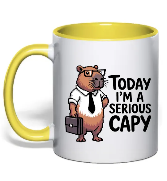Чашка з кольоровою ручкою Today I`m a serious Capy Лимонний фото