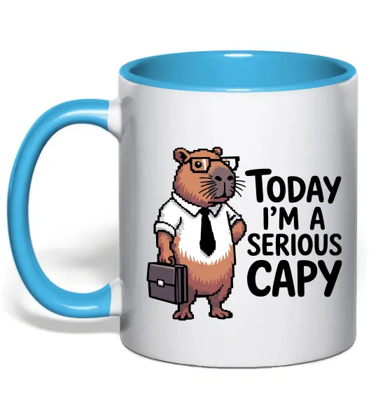 Чашка з кольоровою ручкою Today I`m a serious Capy Блакитний фото