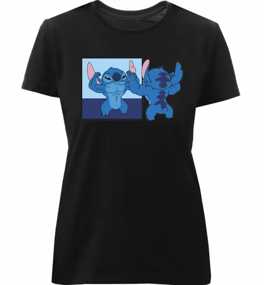 Женская премиум футболка Стіч у дзеркалі Черный фото