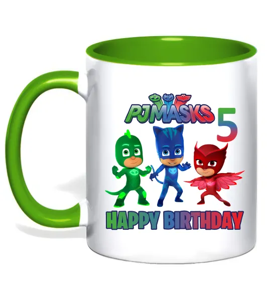 Чашка с цветной ручкой PJ Masks happy birthday 5 Лаймовый фото