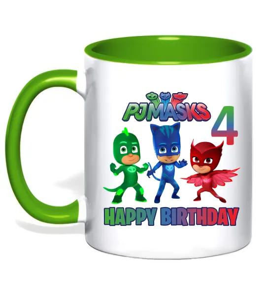 Чашка з кольоровою ручкою Герої в масках День народження 4 Лаймовий фото