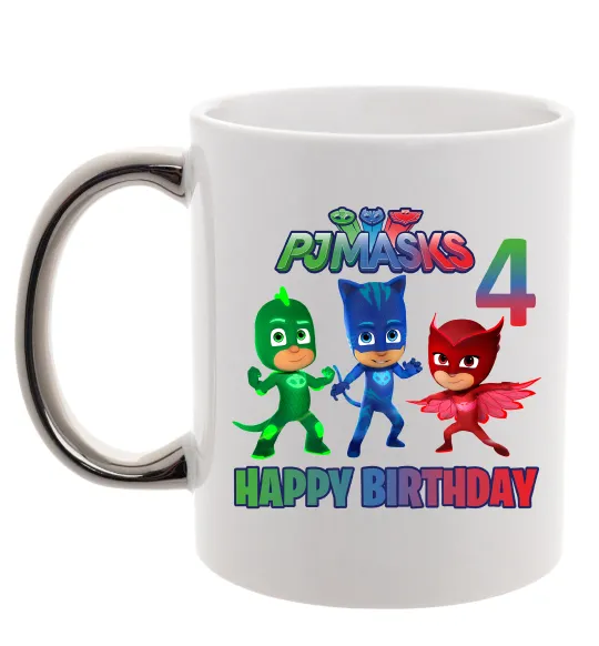 Чашка з кольоровою ручкою Герої в масках День народження 4 Срібло фото