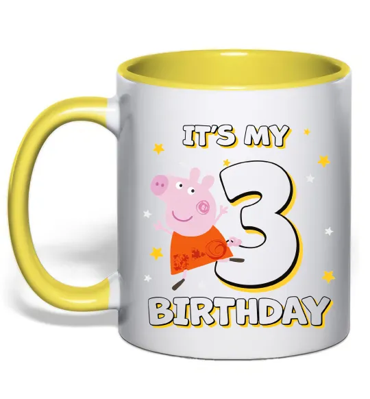 Чашка с цветной ручкой Свинка Пеппа Мій 3 День народження Лимонный фото