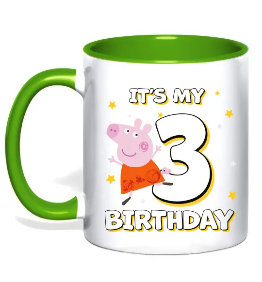 Чашка с цветной ручкой Свинка Пеппа Мій 3 День народження Лаймовый фото