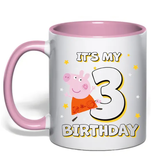 Чашка с цветной ручкой Свинка Пеппа Мій 3 День народження Нежно розовый фото