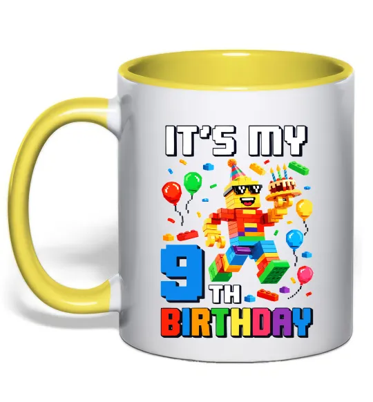 Чашка з кольоровою ручкою Lego birthday 9 Лимонний фото