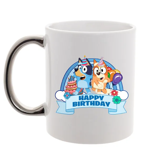 Чашка з кольоровою ручкою Bluey Happy Birthday Срібло фото
