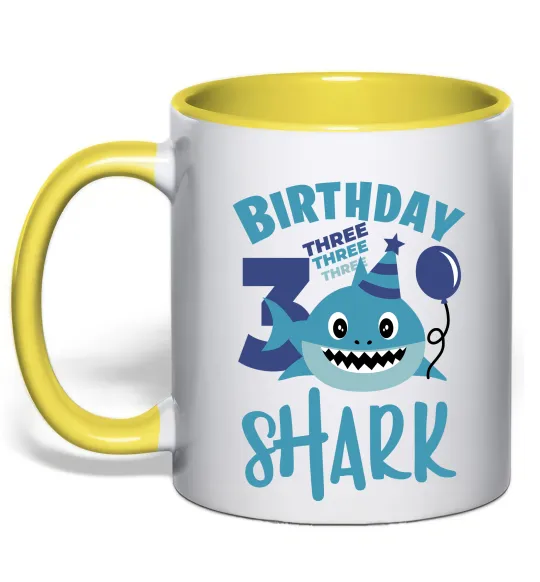 Чашка з кольоровою ручкою Birthday Shark three three three Лимонний фото