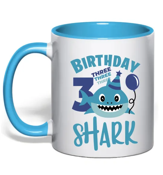 Чашка з кольоровою ручкою Birthday Shark three three three Блакитний фото