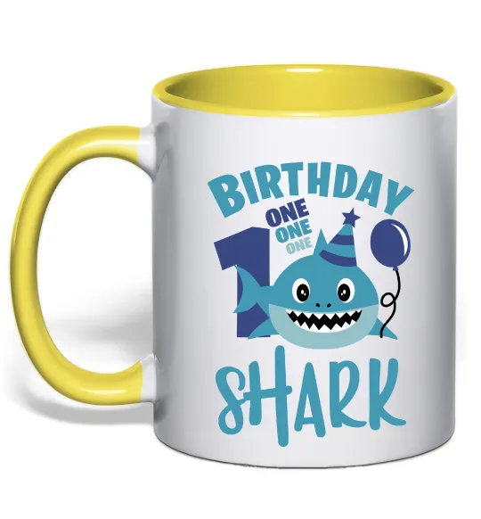 Чашка з кольоровою ручкою Birthday Shark One One One Лимонний фото