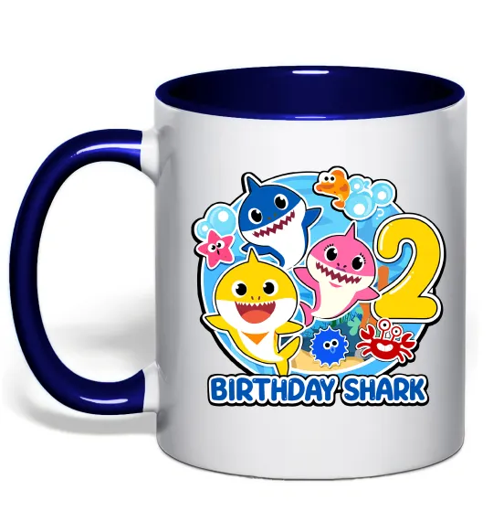 Чашка с цветной ручкой Birthday shark 2 years Глубокий темно-синий фото