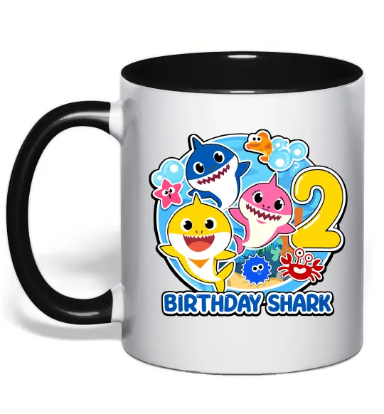 Чашка с цветной ручкой Birthday shark 2 years Черный фото