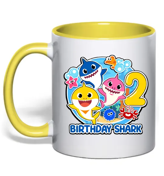 Чашка с цветной ручкой Birthday shark 2 years Лимонный фото