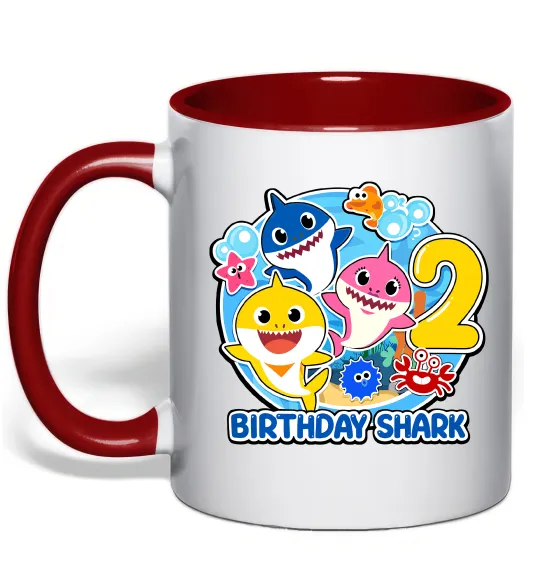 Чашка с цветной ручкой Birthday shark 2 years Красный фото