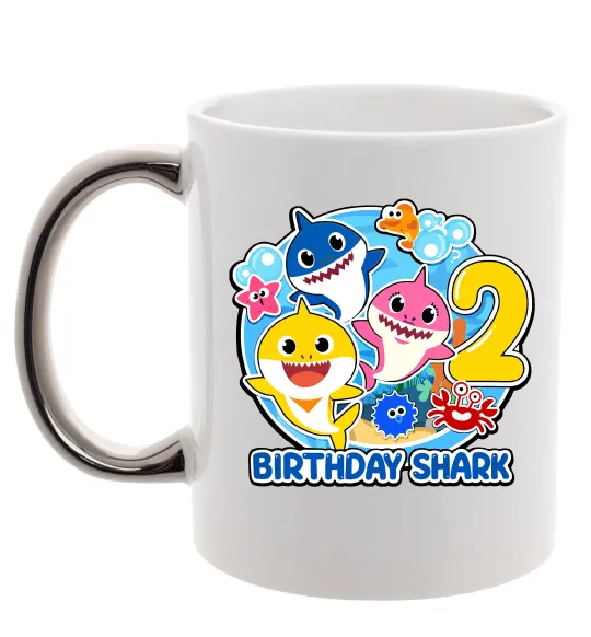 Чашка с цветной ручкой Birthday shark 2 years Серебро фото