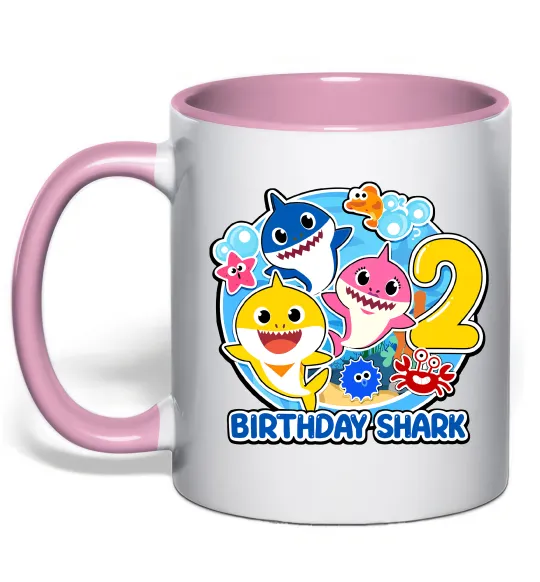 Чашка с цветной ручкой Birthday shark 2 years Нежно розовый фото