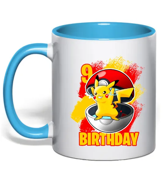 Чашка с цветной ручкой Пікачу День народження 9 Голубой фото