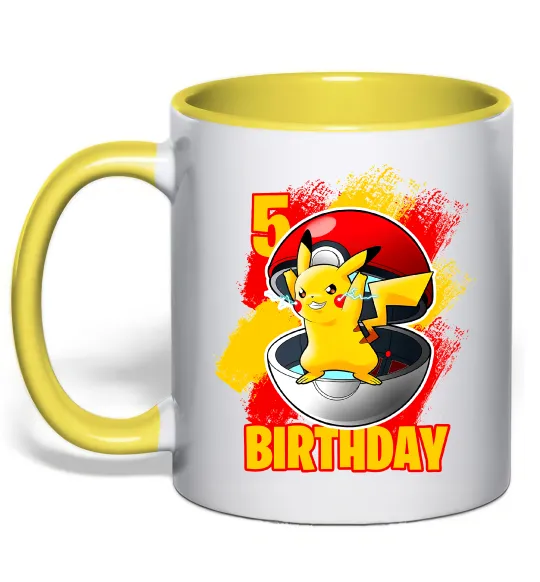 Чашка с цветной ручкой Пікачу День народження 5 Лимонный фото