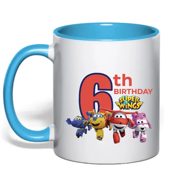 Чашка с цветной ручкой Super wings birthday 6 Голубой фото