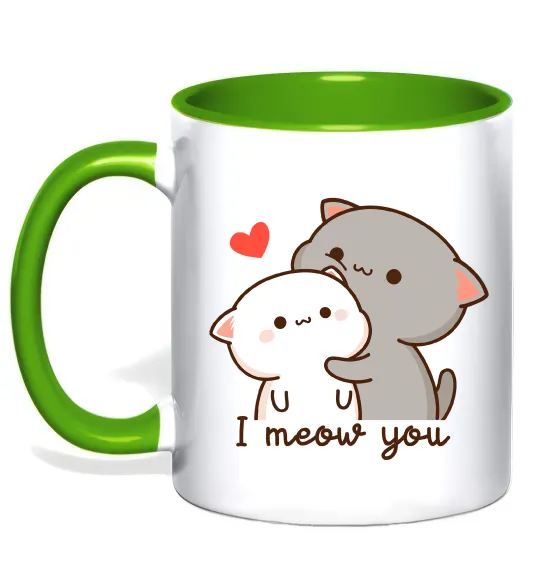 Чашка з кольоровою ручкою Котики I Meow you Лаймовий фото