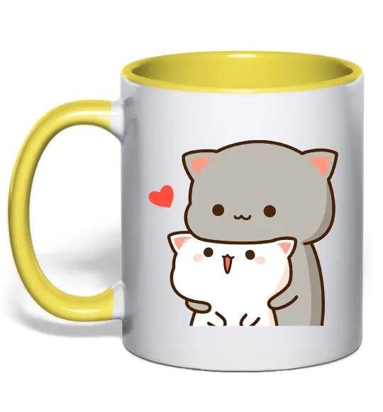 Чашка з кольоровою ручкою Котики в обіймах Лимонний фото