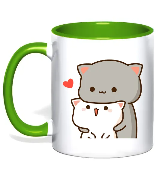 Чашка з кольоровою ручкою Котики в обіймах Лаймовий фото