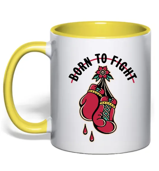 Чашка с цветной ручкой Born to fight рукавиці Лимонный фото