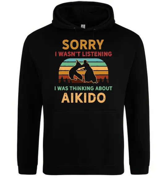 Мужская толстовка (худи) Thinking about aikido Черный фото