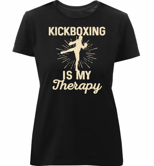 Женская премиум футболка Kickboxing is my therapy Черный фото