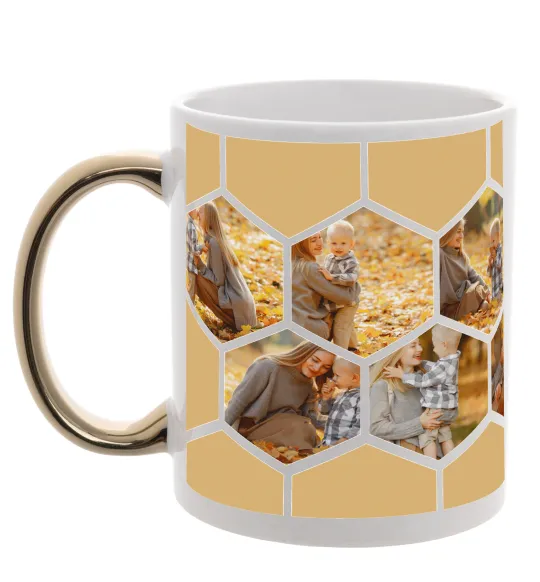 Чашка с цветной ручкой Фото в сотах Золото фото